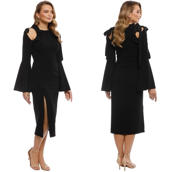 Rebecca Vallance Gigi Black Ruffle Cold Shoulder Midi Dress Size 2 - Picture 2 of 16